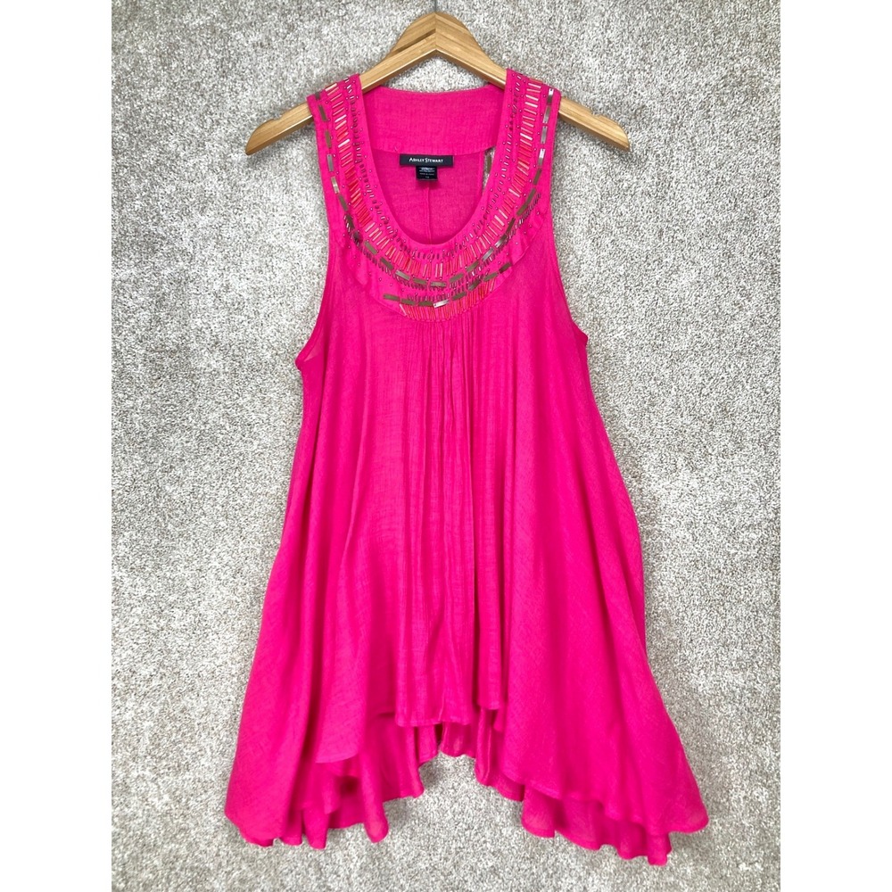 Ashley Stewart Beaded Scoop Neck Tunic Blouse Womens 12 Hot Pink High Low Summer